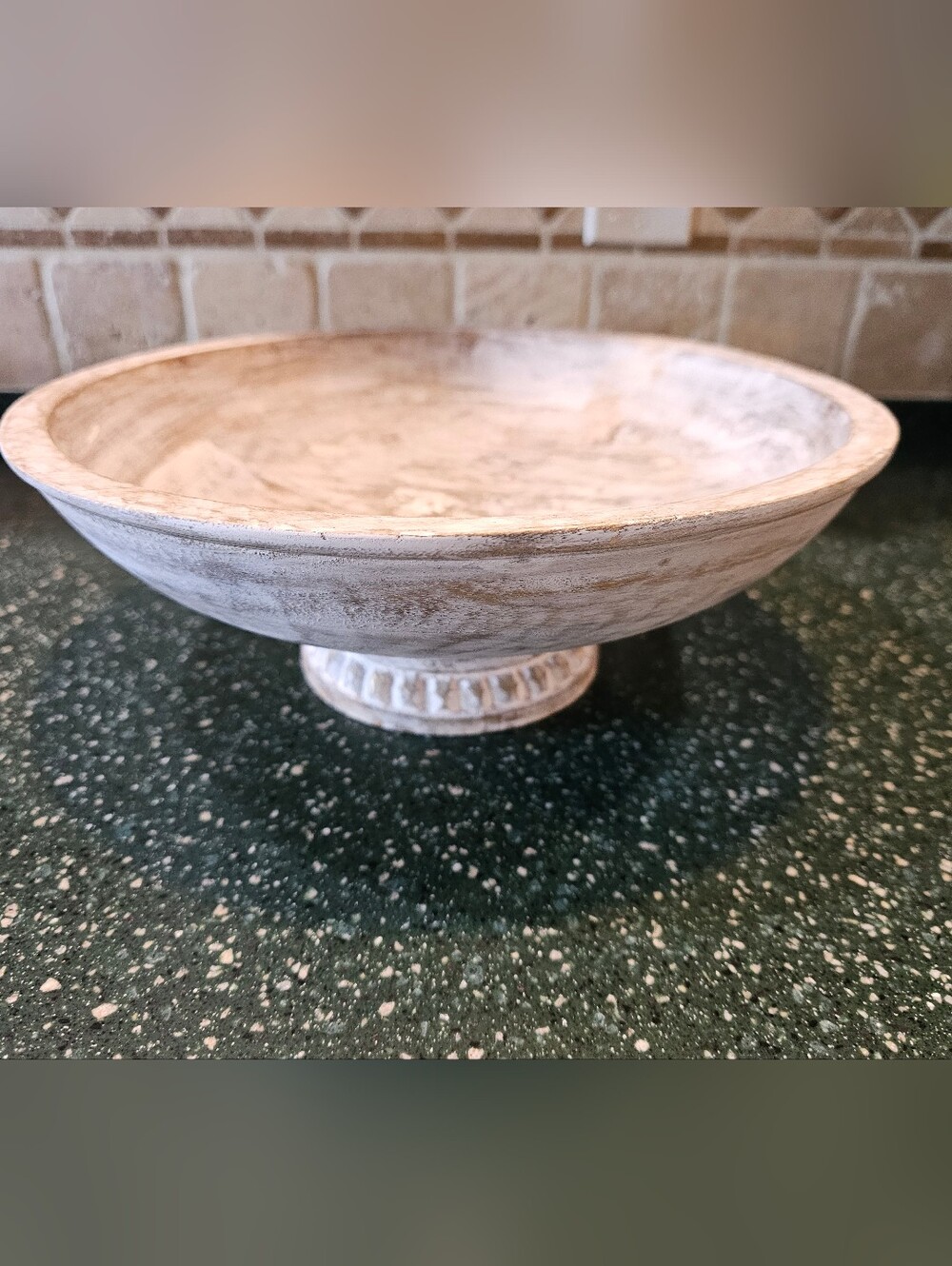 Kirklands Distressed Wood-Look Pedestal Bowl in White and Tan